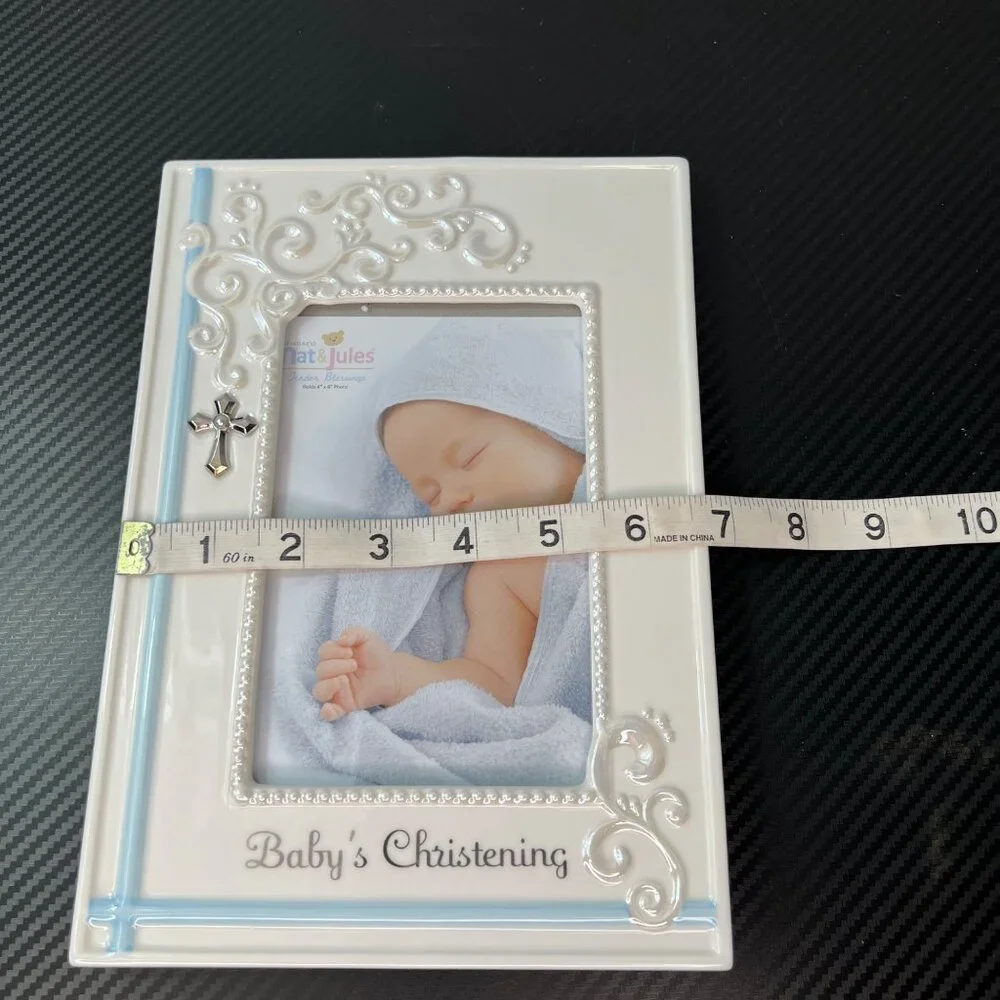 Demarco Nat & Jules Baby Boy Christening Picture Frame Ceramic With Cross Blue